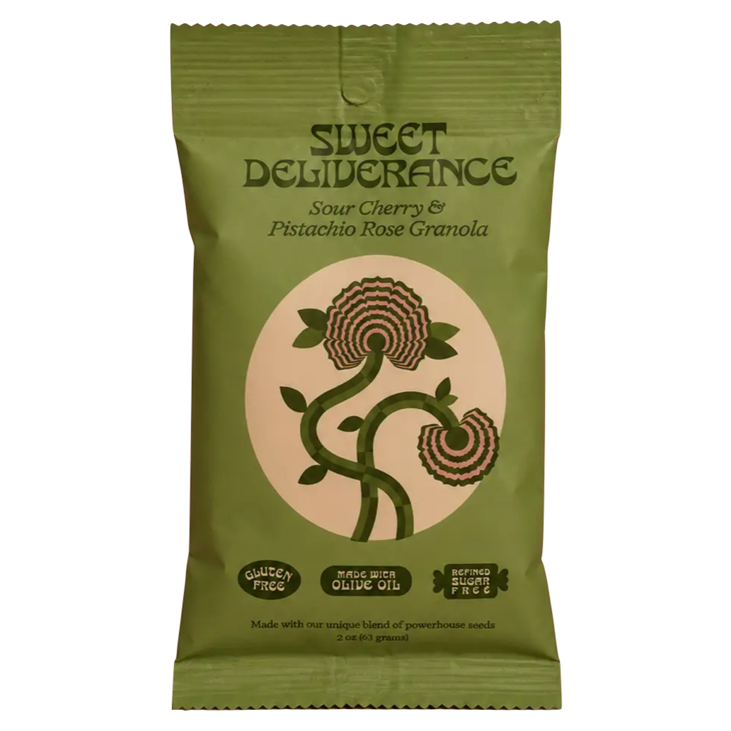 A single stand-up pouch of Sweet Deliberance Sour Cherry &amp; Pistachio Rose Granola on a plain white background. The packaging is olive green with a beige circular graphic featuring a stylized green vine and two rose illustrations.
