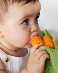 A baby wearing a white sleeveless top is shown in a close-up, holding and biting an orange carrot-shaped teething toy attached to a green fabric strap.