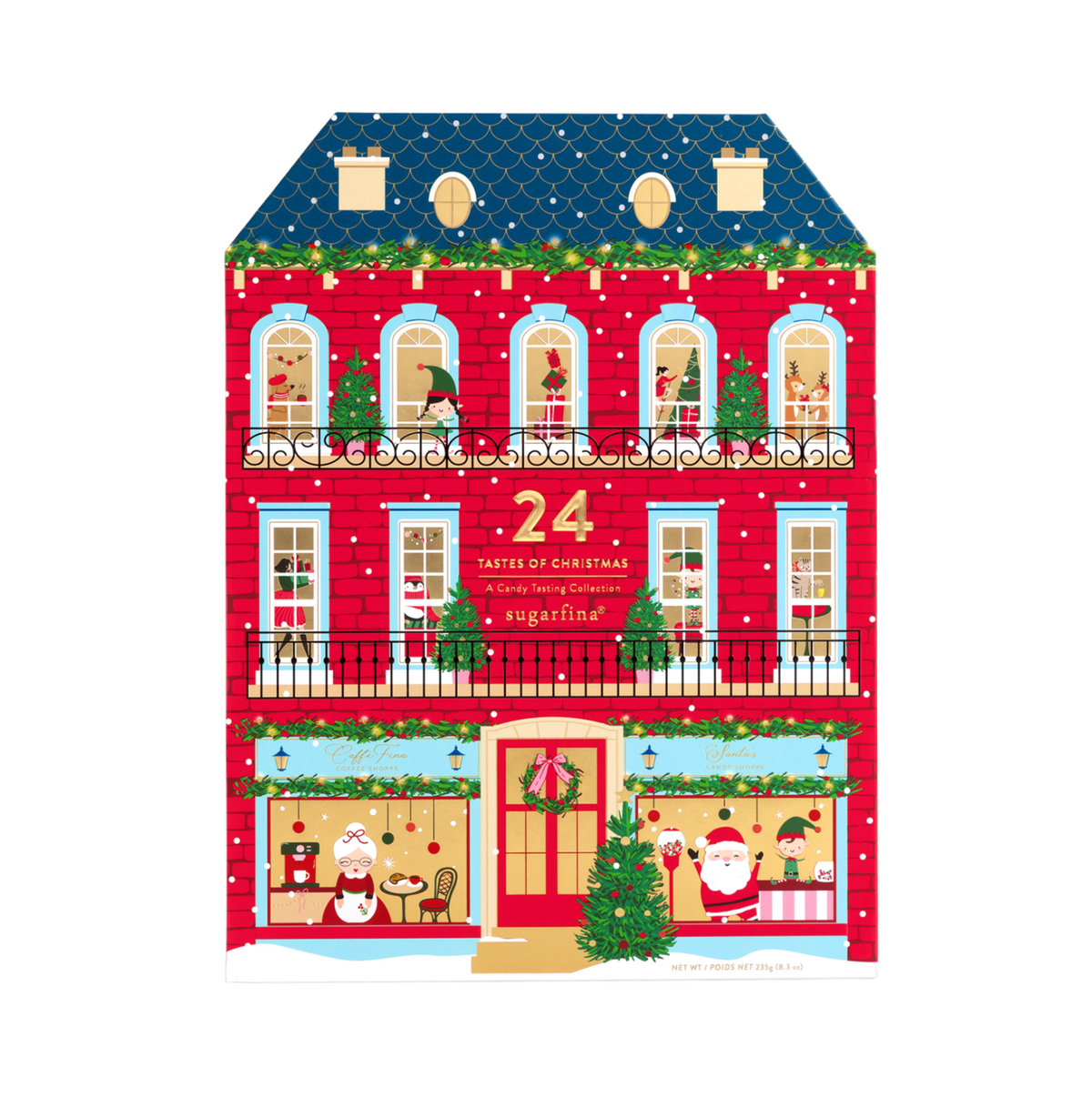 A festive illustrated red house with Christmas decorations, snow, windows, and the number 24 on the front, shown on a plain white background.