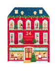 A festive illustrated red house with Christmas decorations, snow, windows, and the number 24 on the front, shown on a plain white background.