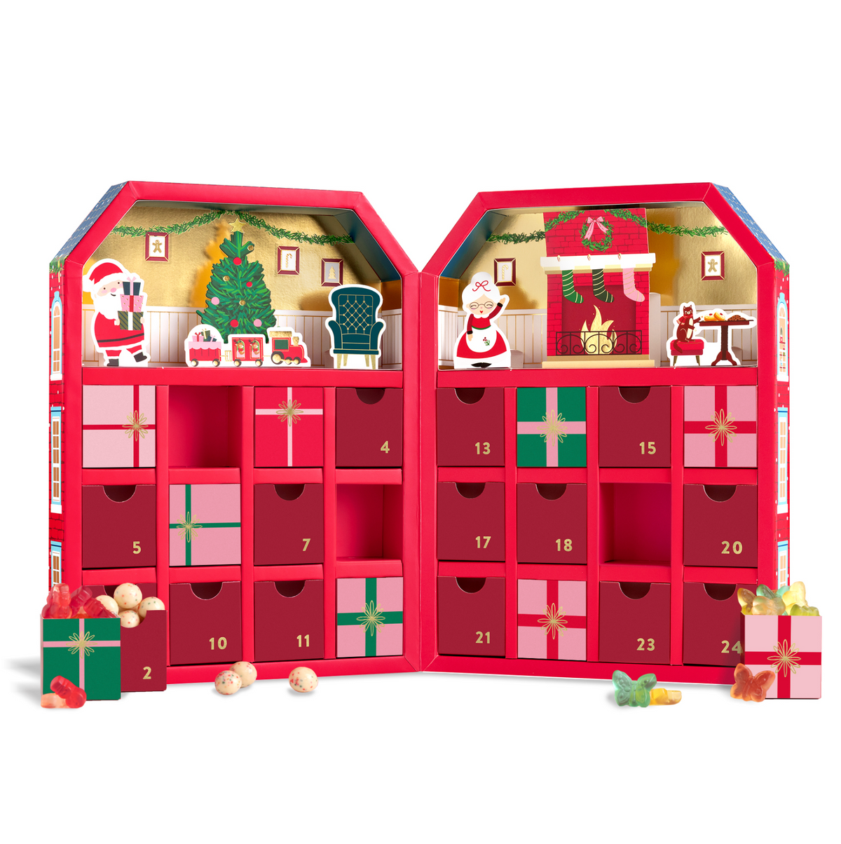 A red Christmas advent calendar opened wide to reveal 24 numbered gift boxes with festive illustrations, including Santa, a Christmas tree, reindeer, and ornaments. Small candy and gift pieces are scattered around the base on a clean white background.
