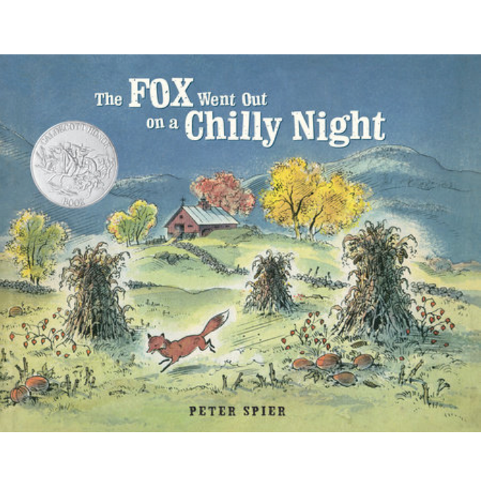 Children's book cover for 'The FOX Went Out on a Chilly Night' by Peter Spier, featuring an illustrated autumn landscape with a fox running through fields, haystacks, trees, and a small cabin under a blue sky. A silver Medallion of Excellence award seal is visible in the upper left.