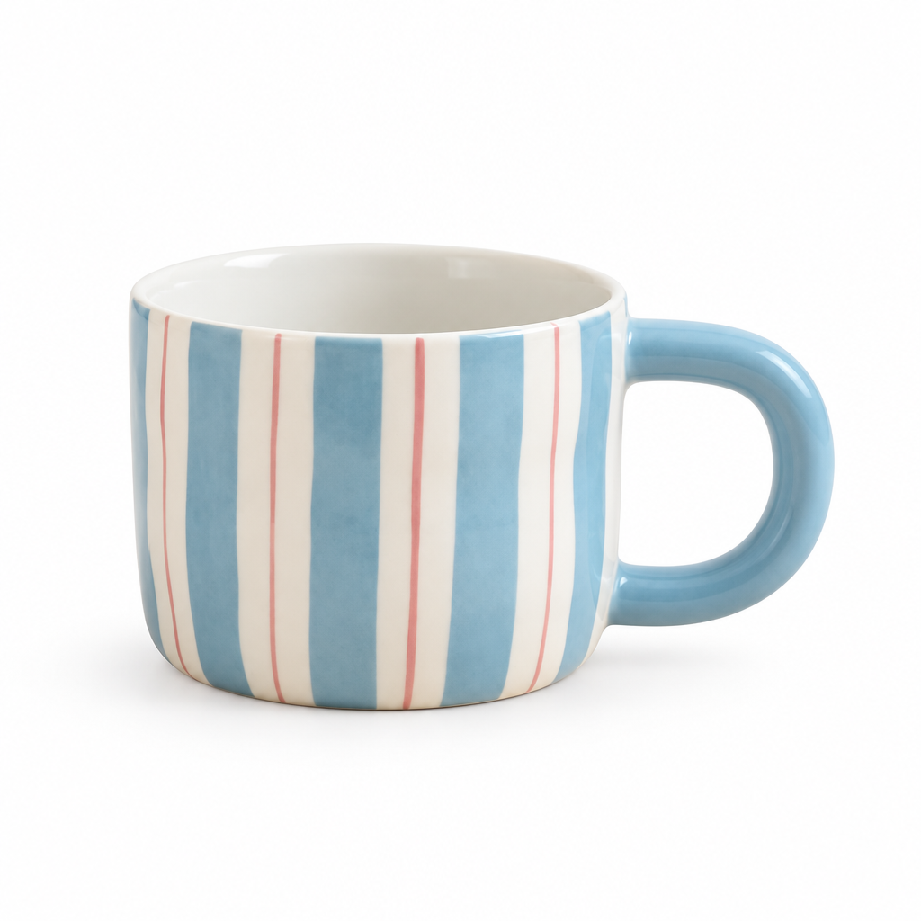 A ceramic coffee mug with a light blue handle and body, decorated with vertical stripes in cream, light blue, and thin red lines, on a plain white background.