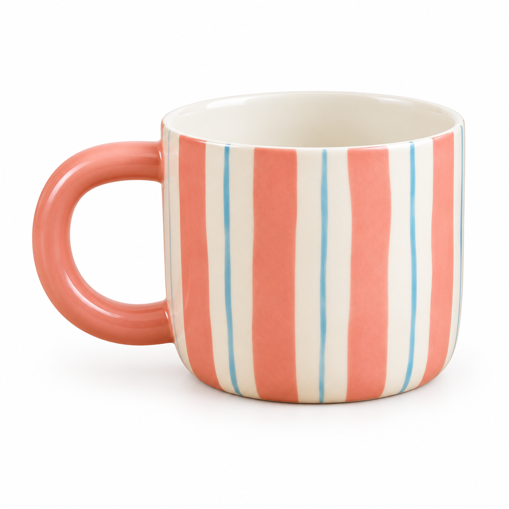 A striped ceramic mug with a pink handle and a white interior, shown with dimension labels indicating 13.2 cm width, 6.