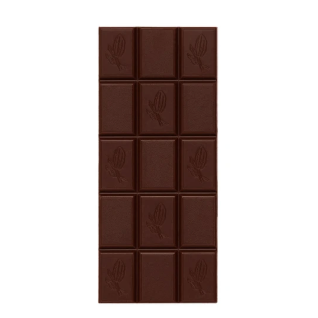 A dark chocolate bar with 12 square sections, each embossed with a cocoa pod logo, centered on a plain white background.
