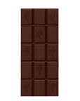 A dark chocolate bar with 12 square sections, each embossed with a cocoa pod logo, centered on a plain white background.