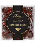 A clear square plastic box of Chapin Sugarfina Espresso Bears gummy candies, featuring a black central label with gold lettering and a martini glass graphic.