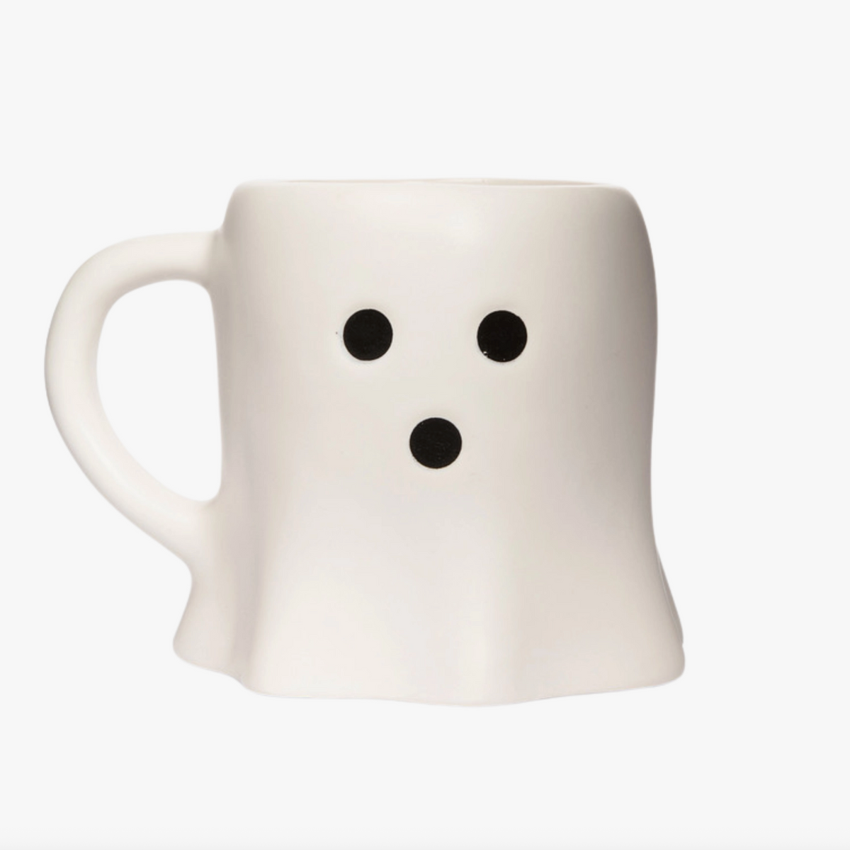 A white ceramic mug shaped like a ghost with a simple black face made of two eyes and a mouth, shown on a plain white background.