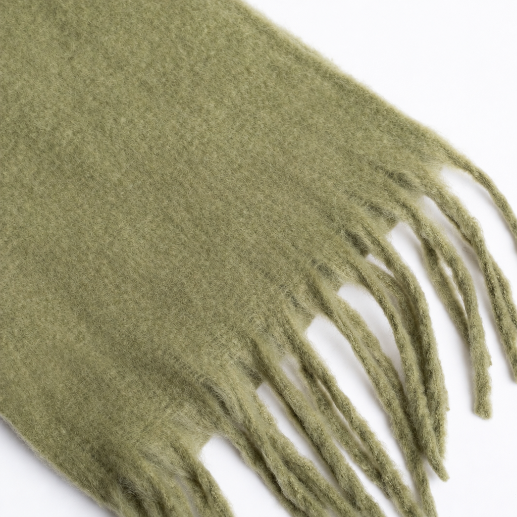 An olive green mohair scarf with white embroidered monogram initials 'E/B' on a clean white background.