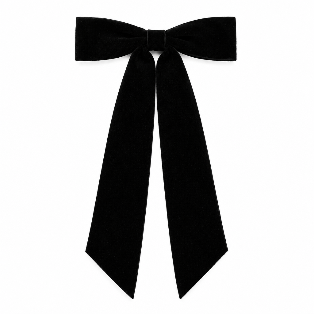 A black velvet hair bow accessory with long ribbon tails, featuring the word 'Tiffany' embroidered in white script on one tail, shown tied around a blonde person's hair against a white brick wall.