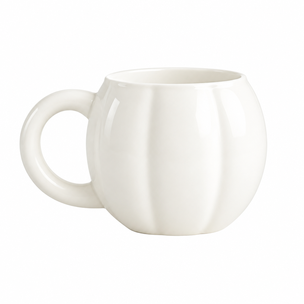 A white ceramic mug with a ribbed pumpkin-like design sits on a white marble tray on a kitchen counter, with apples and a blurred plant in the background.