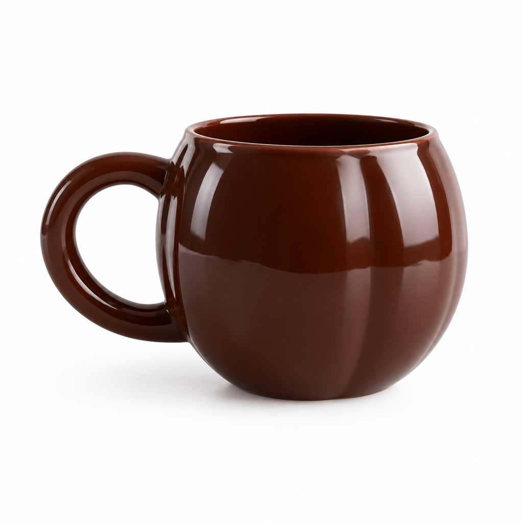 A glossy dark brown ceramic mug with a rounded, ribbed pumpkin-like shape and a thick handle, sitting on a white marble countertop in a kitchen setting.