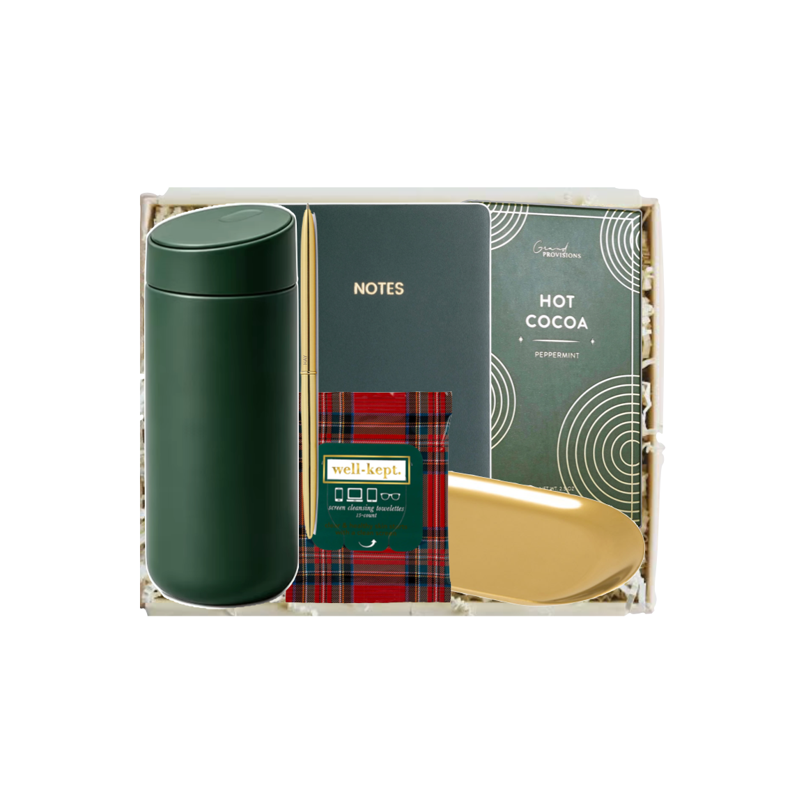 A curated gift set in a white box containing a dark green insulated tumbler, a dark green notebook, a red tartan-patterned HelloFresh box, a gold-colored scoop, and a dark green hot cocoa book.