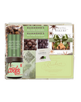 A curated gourmet gift box containing a jar of Coops' chocolate, Hammond's sea salt caramel popcorn, gourmet caramels, and a card from Rustic Bakery, arranged inside a clear plastic gift tray on a white background.