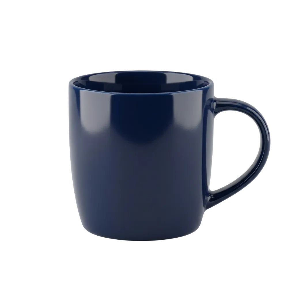 A glossy dark navy blue ceramic mug with a curved handle, shown on a light surface with a softly blurred background.