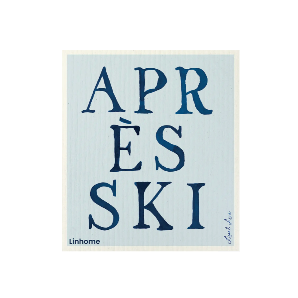 A square art print with a light blue textured background and bold dark blue text reading 'APRÈS SKI'. Small text at the bottom left reads 'linhome' and there is a small signature on the right side.