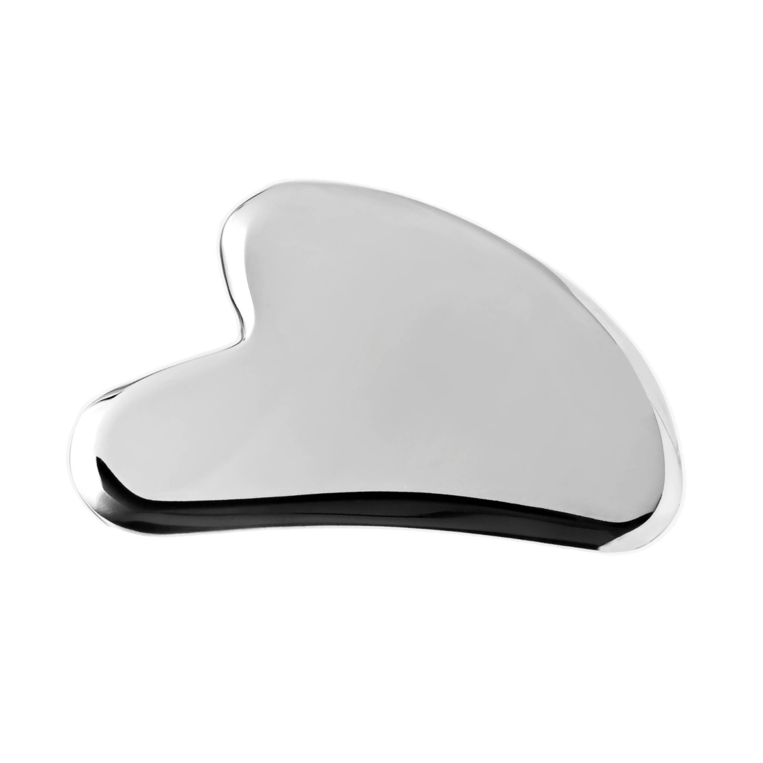 A polished chrome gua sha facial massage tool with a smooth, curved, teardrop-like shape, shown on a solid white background.