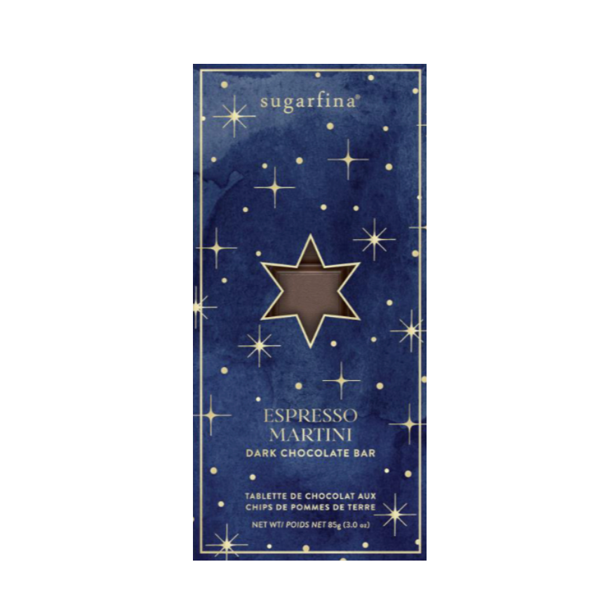 Sugarlina Espresso Martini Dark Chocolate Bar packaging, featuring a dark navy blue background with a gold star pattern and a central brown chocolate bar window.