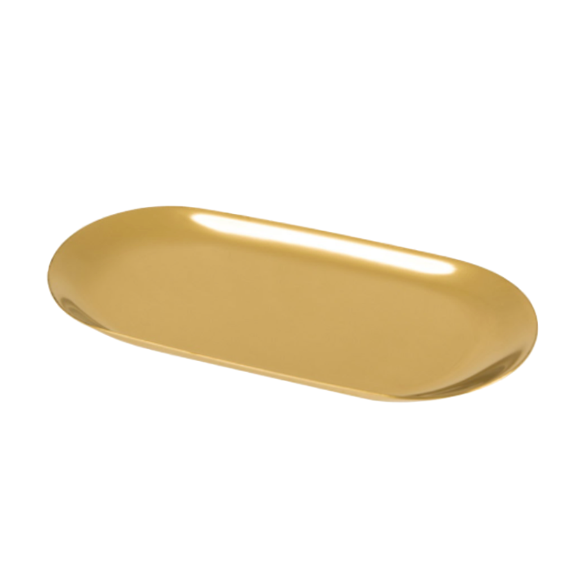 A glossy, metallic gold oval serving platter on a solid white background.