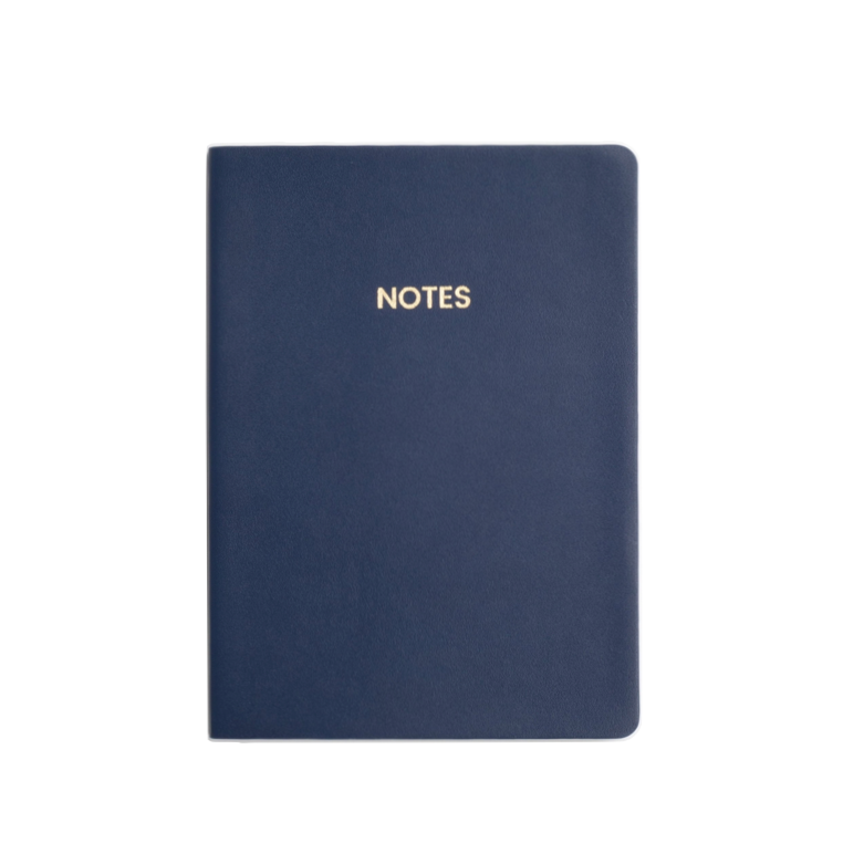A navy blue hardcover notebook with the word 'NOTES' printed in gold lettering on the front cover, shown against a plain white background.