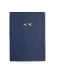 A navy blue hardcover notebook with the word 'NOTES' printed in gold lettering on the front cover, shown against a plain white background.