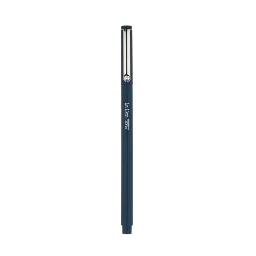 A slim, dark navy blue pen with a silver metal clip and white printed text, shown vertically against a plain white background.