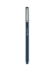 A slim, dark navy blue pen with a silver metal clip and white printed text, shown vertically against a plain white background.