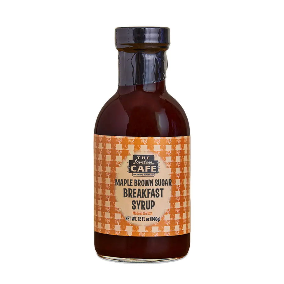 Loveless cafe maple syrup on a white background