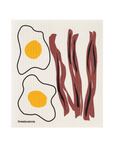 three bluebirds eggs and bacon swedish dishcloth on a white background