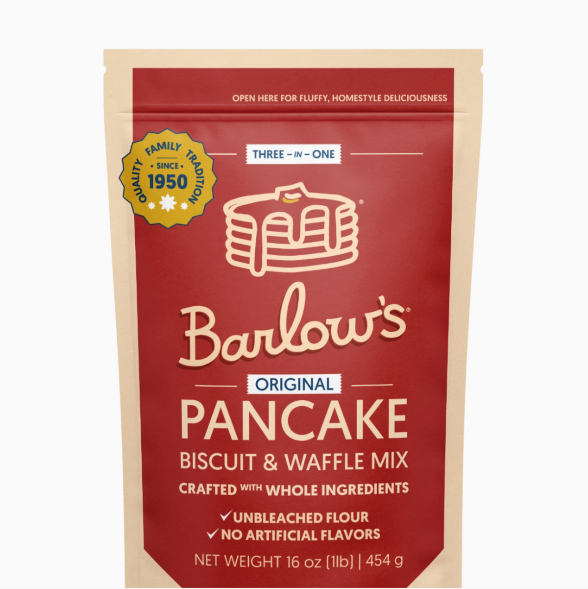 A 16 oz bag of Barlow's Original Pancake Biscuit &amp; Waffle Mix, featuring a deep red front label with cream text and logo, a gold 'Family Tradition Since 1950' seal, and beige stand-up edges on a white background.