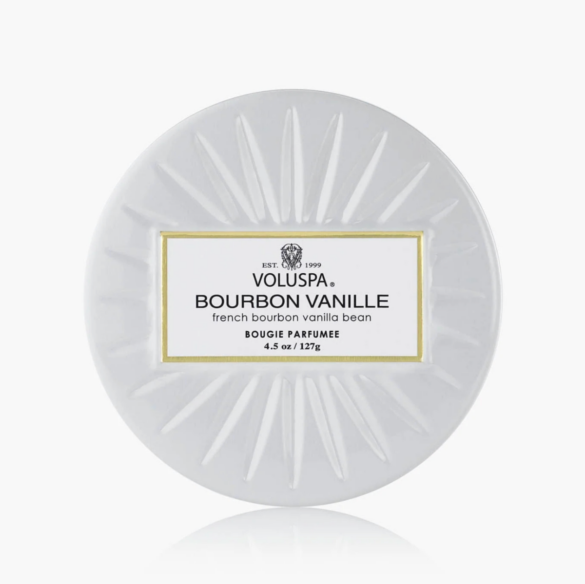 bourbon vanille mini tin candle on a white background