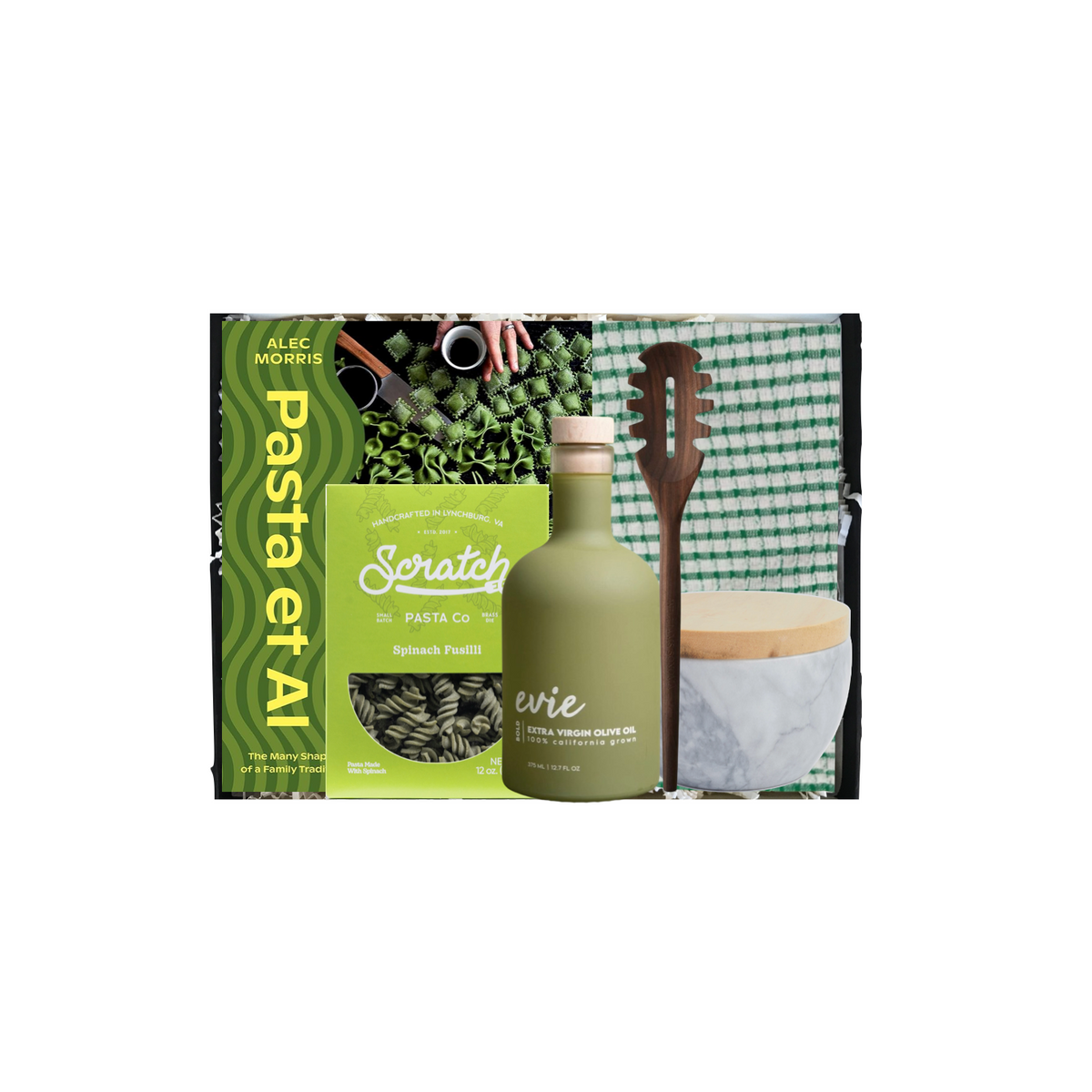 A curated pasta gift set in a printed box, featuring a green bottle of evie Olive Oil, a green box of Scratch No. 1 Pasta Co.