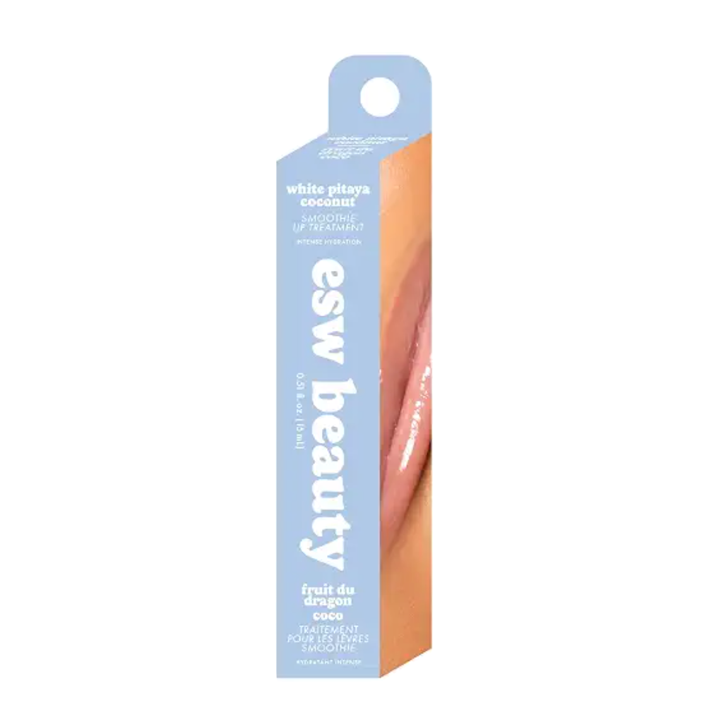 A boxed cosmetic product labeled 'esw beauty' and 'white pitaya coconut' stands upright on a plain white background. The package is primarily light blue with peach/orange side panels and a lip photo printed on the front.