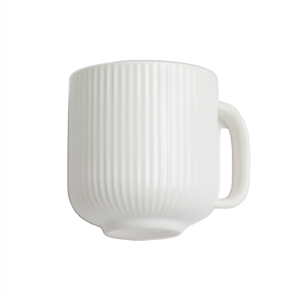 A white ceramic mug with a vertical ribbed texture and a C-shaped handle, shown against a plain white background.