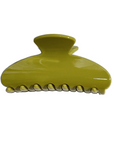 A glossy olive green hair claw clip with a scalloped edge, shown on a plain white background.