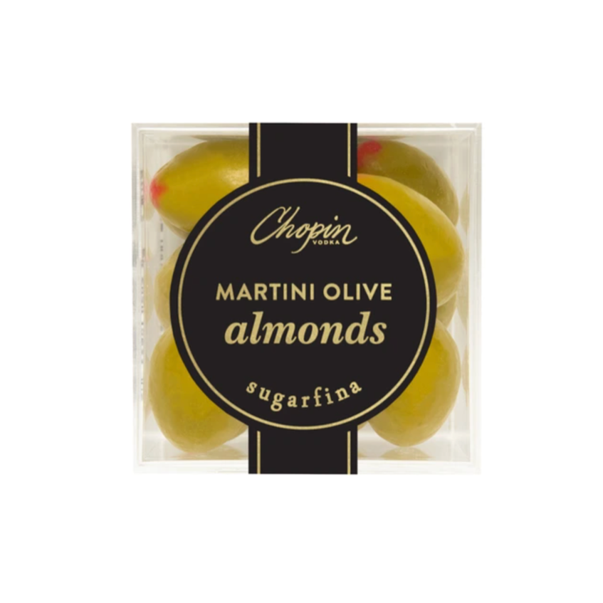 Chopin &amp; Co. Martini Olive Almonds sugarfina in a clear square plastic box with a black circular label.