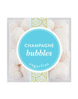 Champagne bubbles candy in a clear square plastic container with a white and light blue circular label reading 'CHAMPAGNE bubbles' and 'sugarfina' below, centered on a white background.