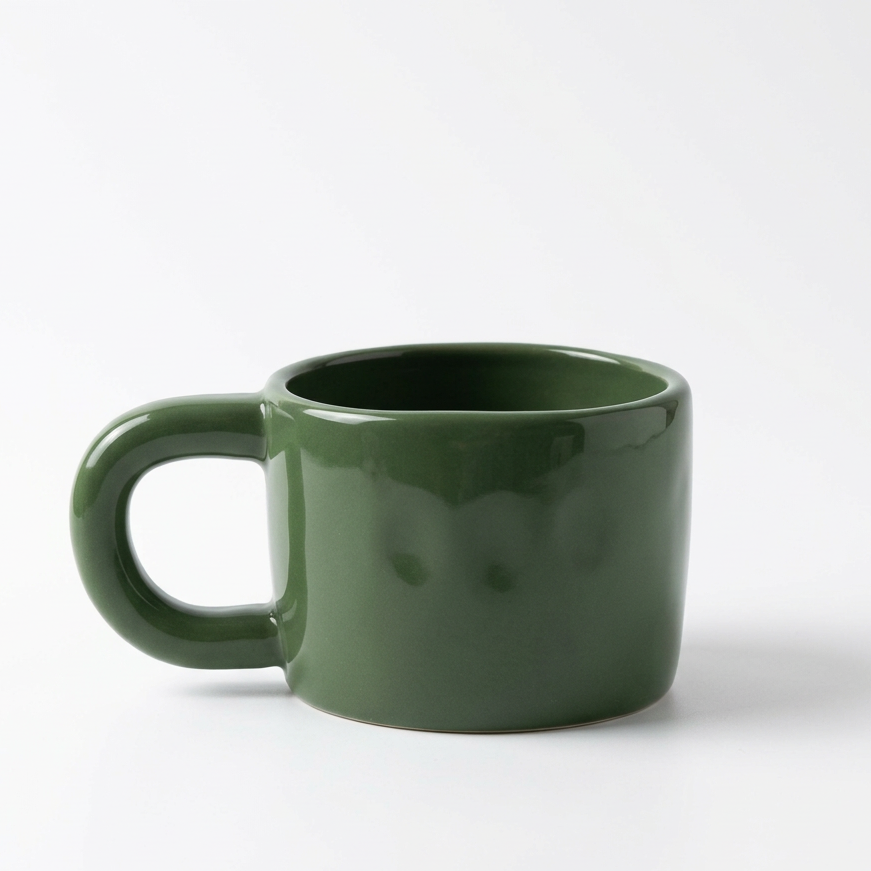 A dark green ceramic mug with a thick, rounded handle, shown on a clean white background.