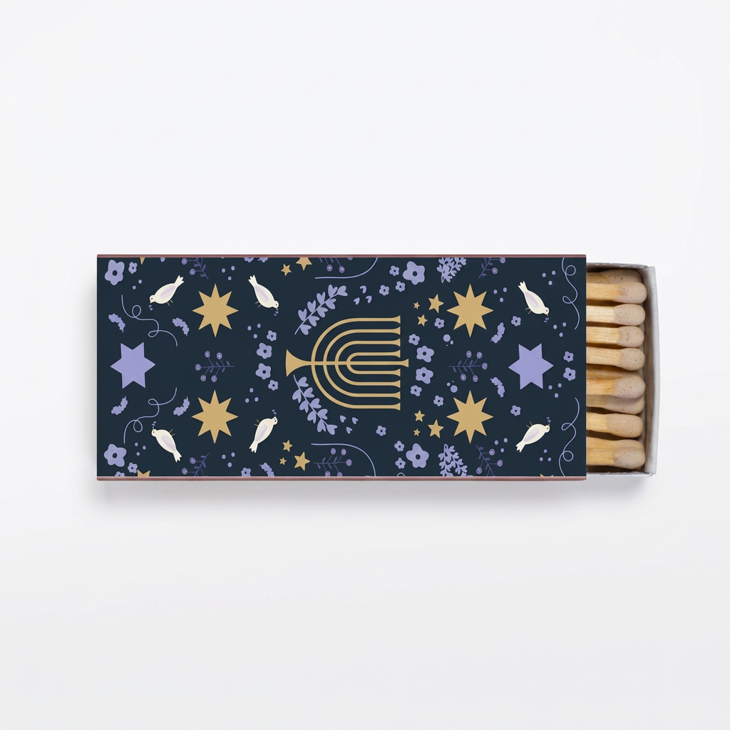 A decorative matchbox with a navy blue background and a festive pattern featuring a gold menorah, gold stars, lavender flowers, and small white birds. The right side of the box is open, revealing light wood matchsticks with white tips.