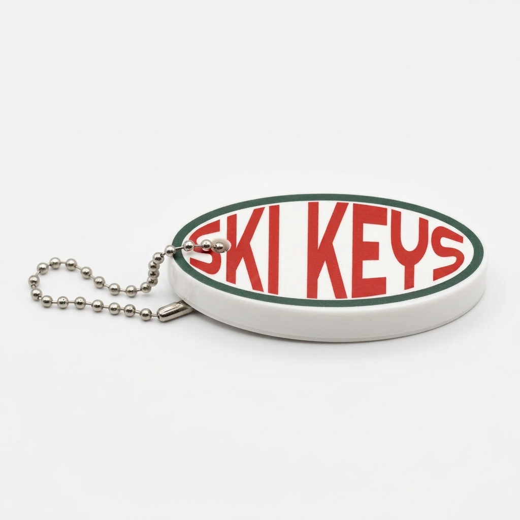 An oval-shaped white keychain with a silver ball chain, featuring the text 'SKI KEYS' in red letters with a green border on a white background.
