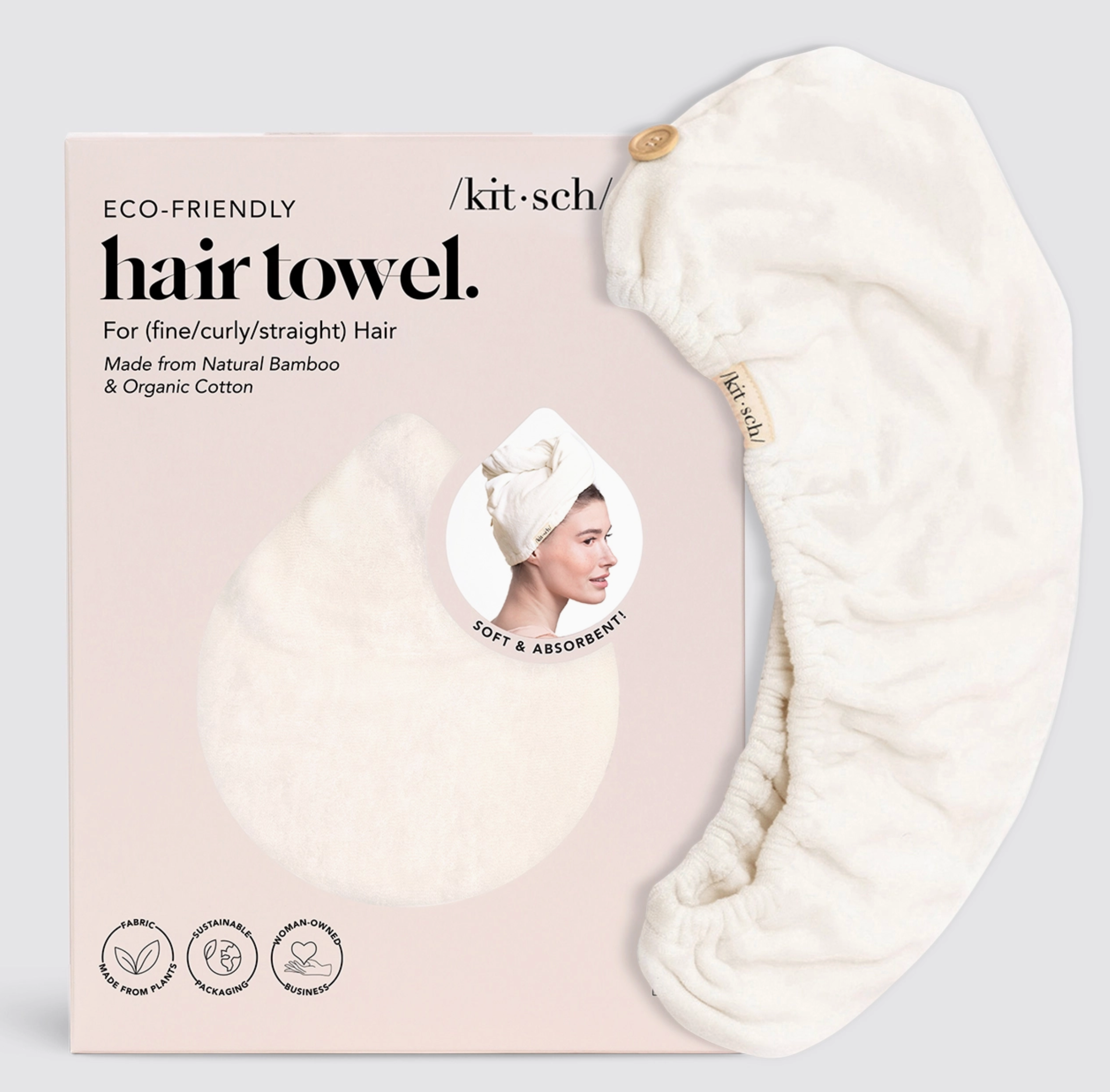 Hair towel and packaging on white background