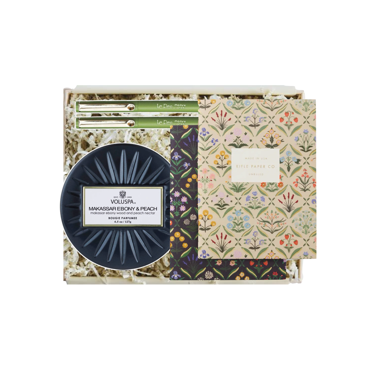 Gift box with Voluspa dark grey candle, olive green Le Pen, and 2 Rifle paper notebooks 