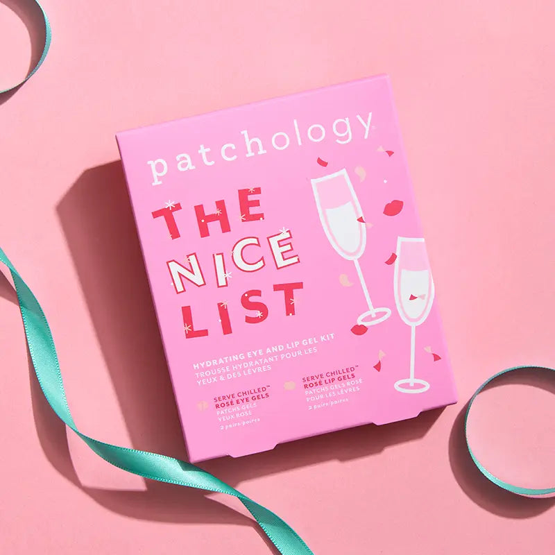 The Nice List by Patchology eye gel and lip gel kit on pink paper with ribbon