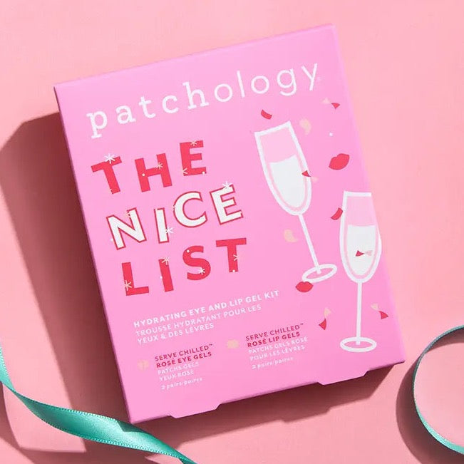 The Nice List by Patchology eye gel and lip gel kit on pink paper with ribbon