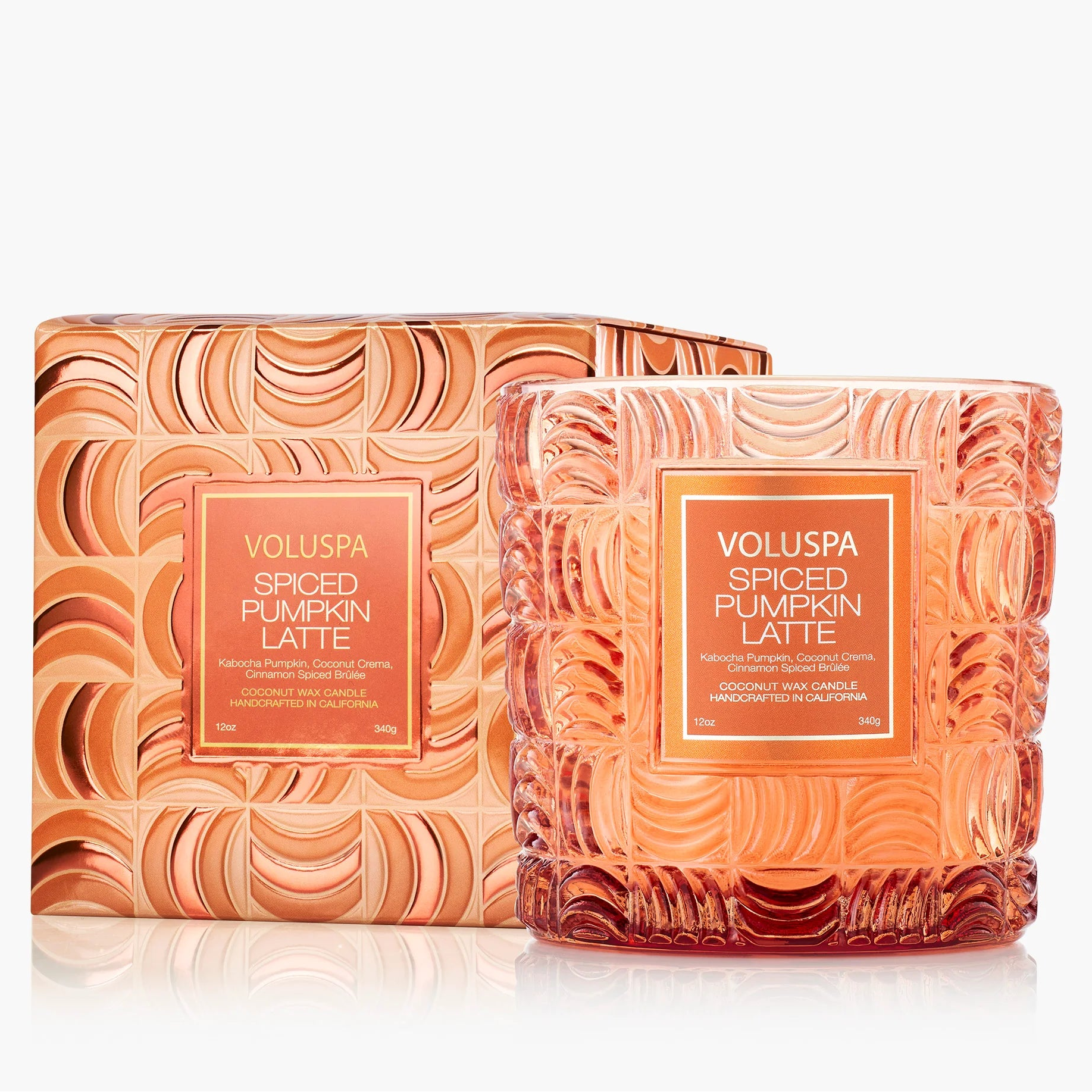 Voluspa Spiced Pumpkin Latte candle with packaging on a white background