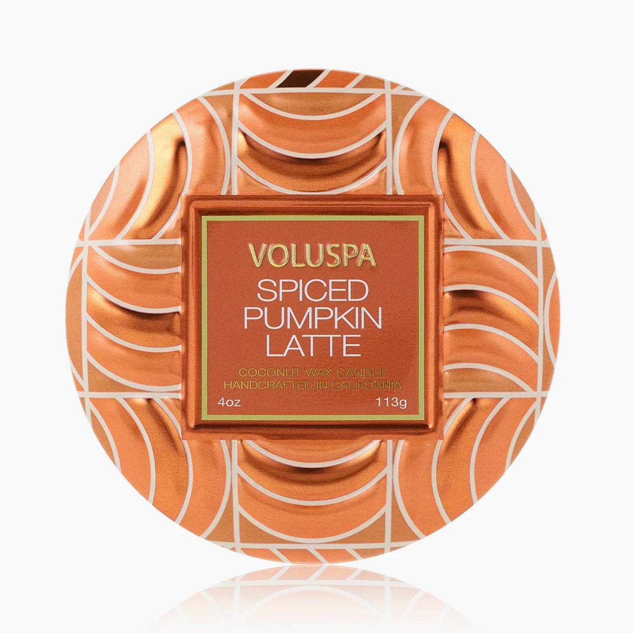 Voluspa Spiced Pumpkin Latte candle packaging on a white background