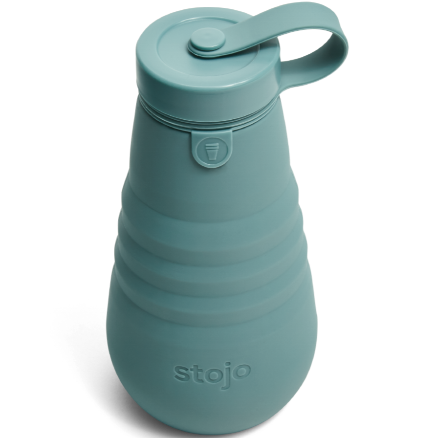 collapsible greenish water bottle with screw on lid