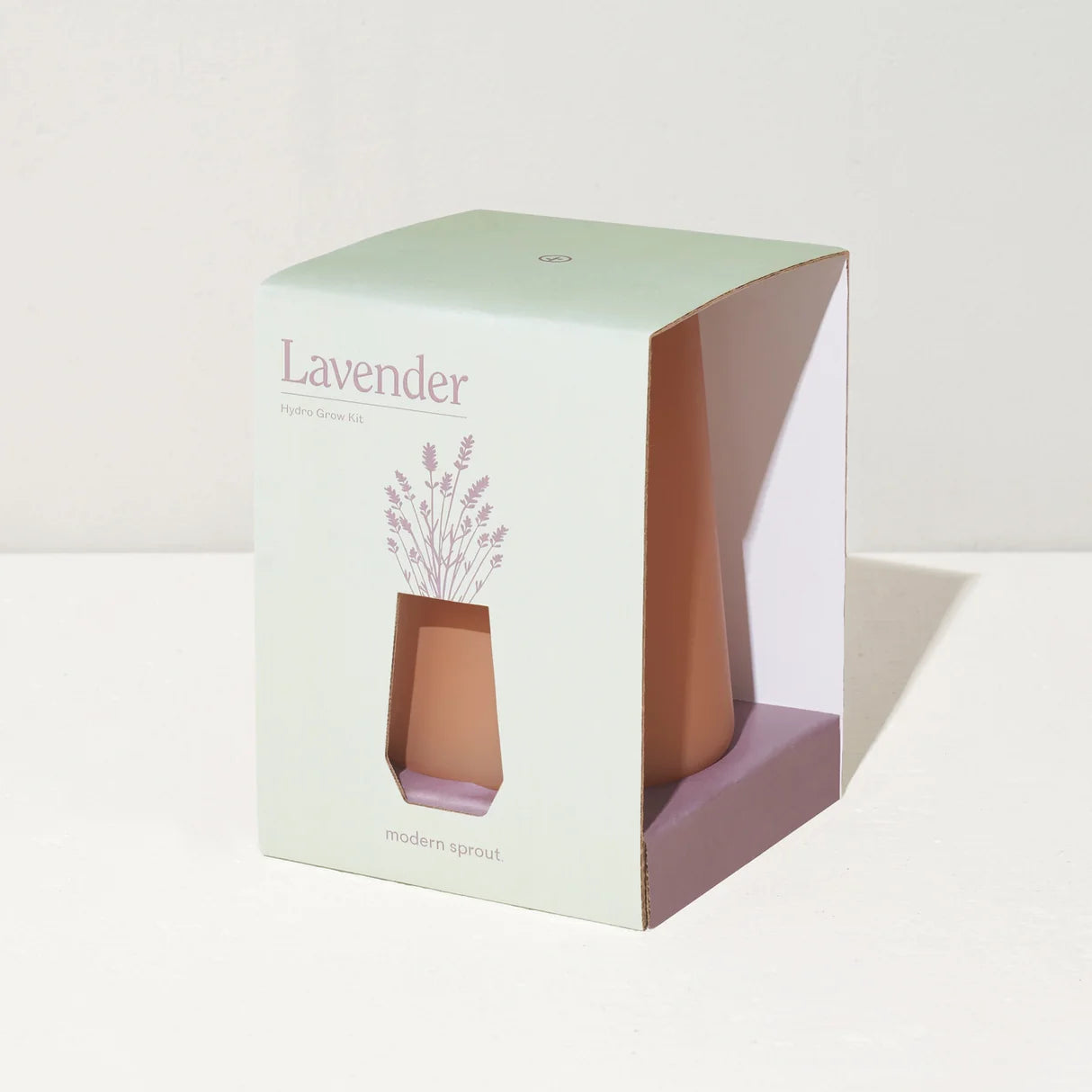 A lavender-scented glass diffuser in a square window box package, with a pale mint green exterior, lavender illustration, and peach-colored glass visible through the front window.