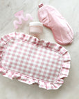 Large Pink Gingham Ruffle Pouch with hair clip, face mask and sleep mask