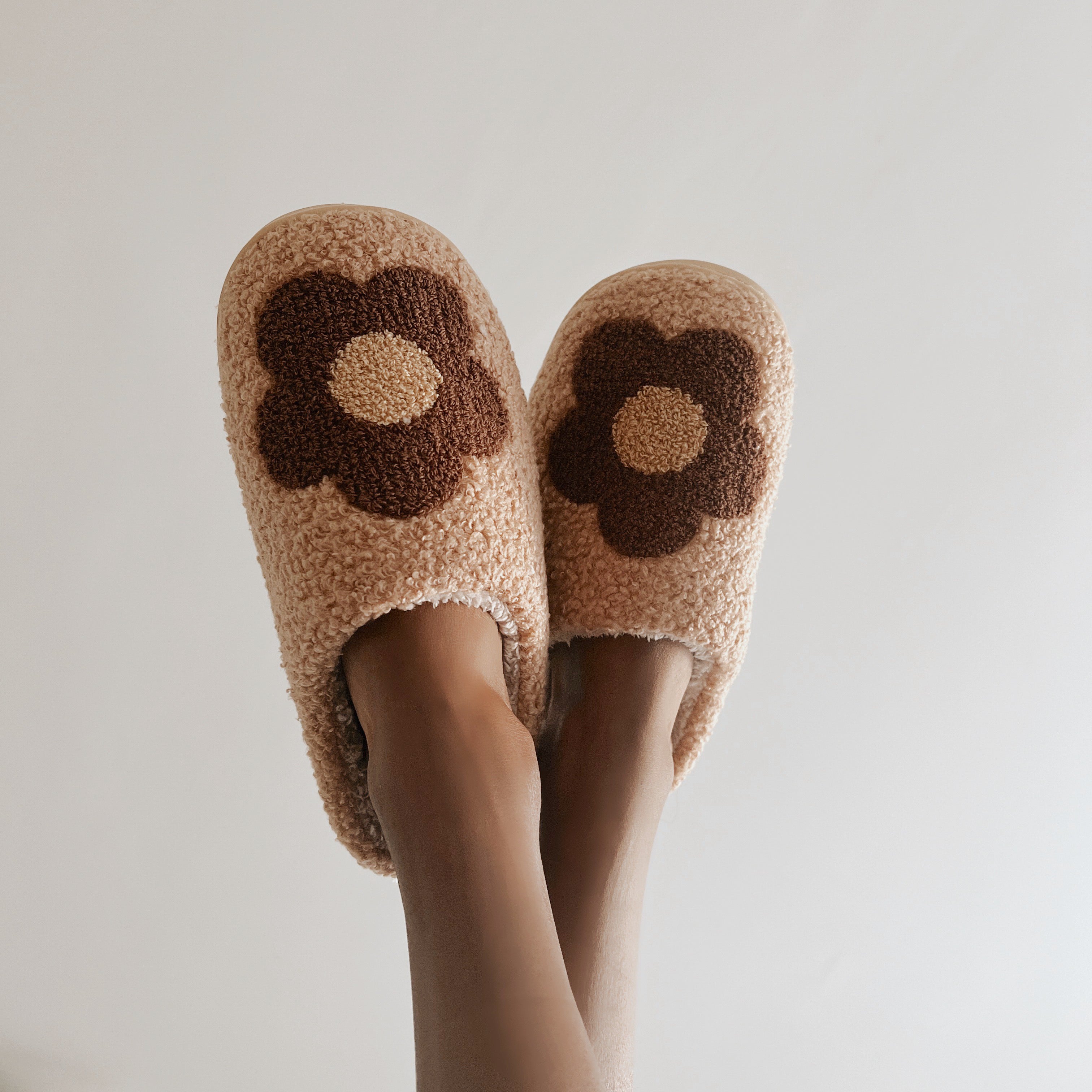 Brown Flower Power Plush Slippers | Size 6-7